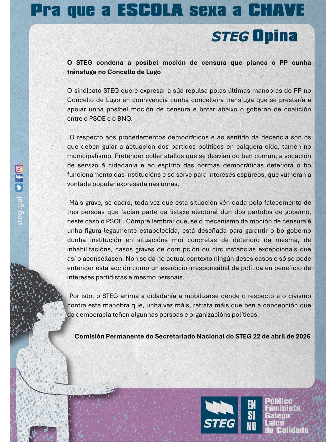 O STEG condena a posíbel moción de censura que planea o PP cunha tránsfuga no Concello de Lugo	