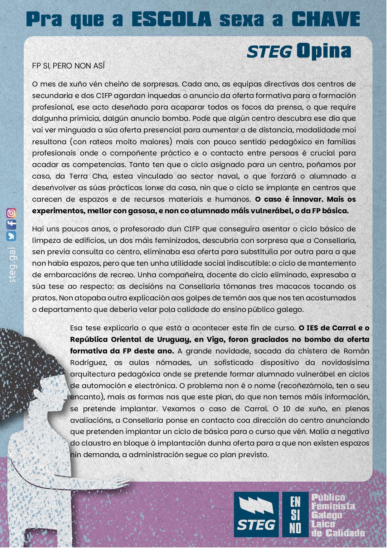 FP SI, PERO NON ASÍ. STEG denuncia a falta de planificación da oferta da FP básica nos IES de Carral e ROU de Vigo